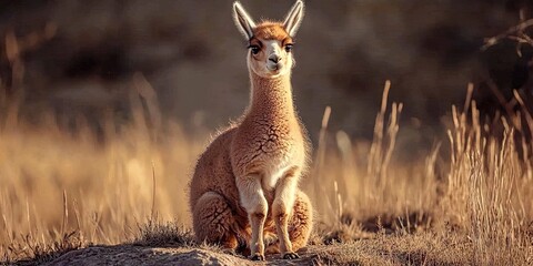 A 2 month old golden llama sitting on its hind legs, with a huge bulging belly