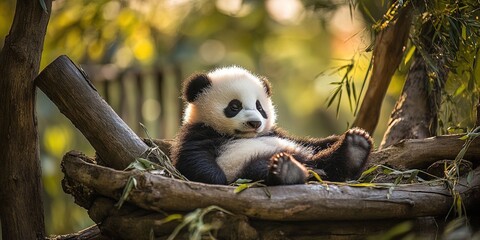 Obraz premium A 2 month old panda cub sitting on its hind legs, with a huge bulging belly