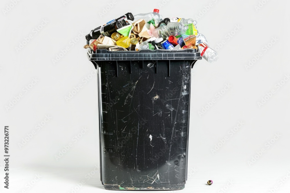 Poster a black trash can filled with various types of waste