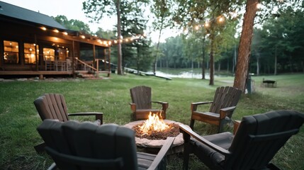 Cozy outdoor fire pit with adirondack chairs by lakeside cabin retreat