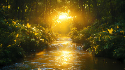 Fototapeta premium A river in the forest with the sun shining on it green forest and forest stream at sunset. Amazon Rainforest. Illustration