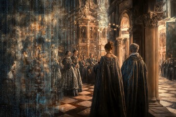 Naklejka premium Digital Fusion in a Baroque Hall: Figures in Historical Robes Amidst Grand Architecture Intertwined with Cascading Code