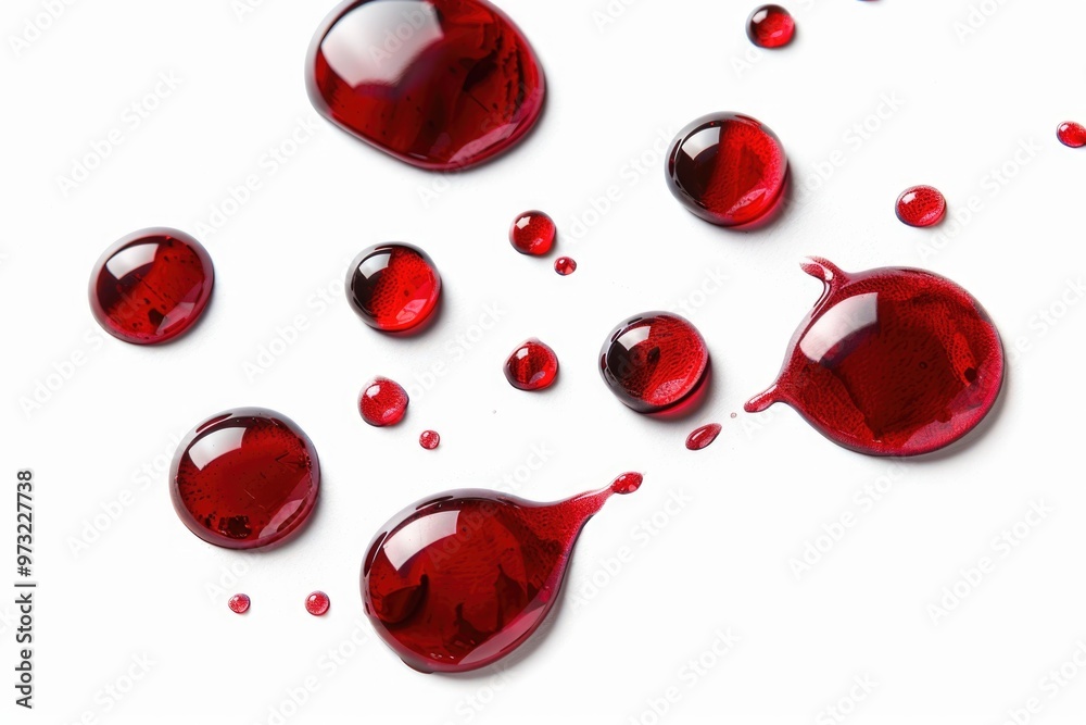 Poster a close-up view of a group of red liquid drops on a white surface
