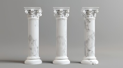 Obraz premium Three white marble columns with intricate details isolated on a gray background.