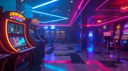 Vibrant Arcade Room with Neon Lights and Gaming Machines