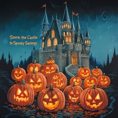 Castle Surrounded by Jack-o'-Lanterns Showing Discounts