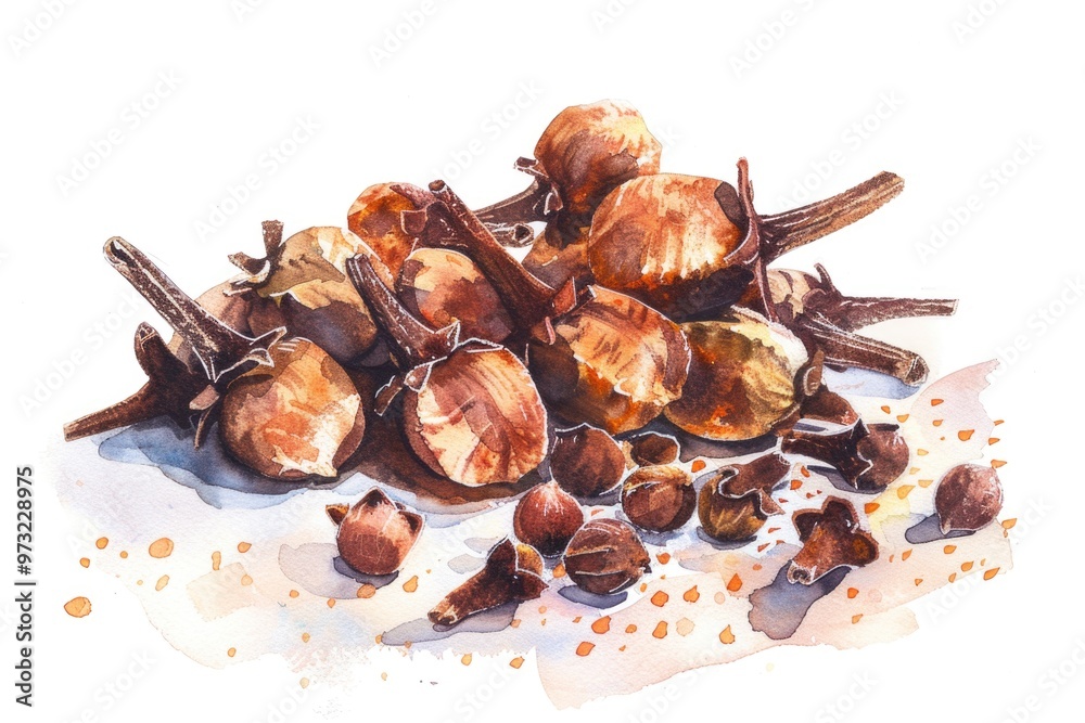 Poster close-up of various nuts on a white background