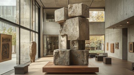 An abstract Neo Brutalism-inspired sculpture with blocky forms and rugged surfaces, placed in a modern art gallery setting
