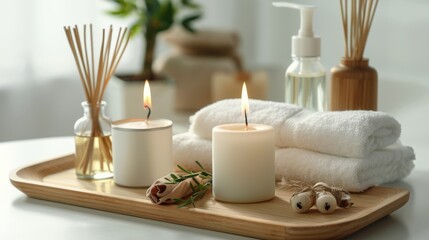 Aromatherapy candles and oils on a wooden tray in a serene spa environment Close-up photo with clean background