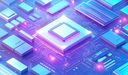 Close-up of a futuristic microchip on a glowing circuit board. Digital style with a neon blue and pink color scheme. Concept of advanced technology