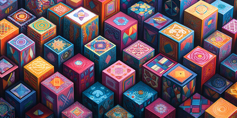 Colorful Geometric Patterned 3D Cubes in Abstract Artwork