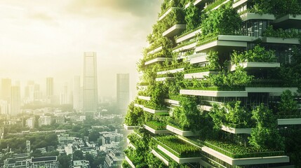 Obraz premium Urban landscape with vertical farms integrated into skyscrapers.