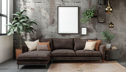 Modern Living Room Interior with Elegant Sofa and Blank Wall Art