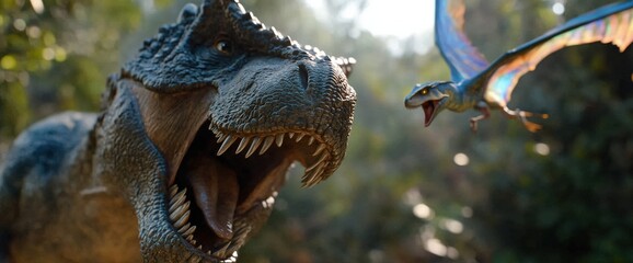 Obraz premium Blue tyrannosaurus rex in forest with colorful flying dinosaur encounter for fantasy panoramic banner