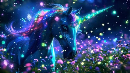 Blue unicorn with a bright glowing horn and mane is standing in a field of flowers as magical lights sparkle around it