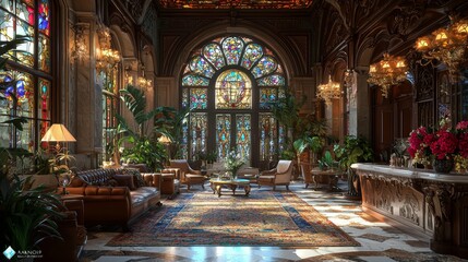 Obraz premium An interior design concept for a boutique hotel lobby, featuring stained glass windows, ornate woodwork, and floral decorations in the Art Nouveau style