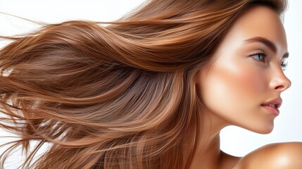 Naklejka premium Elegant portrait of woman with flowing brown hair for beauty and fashion design
