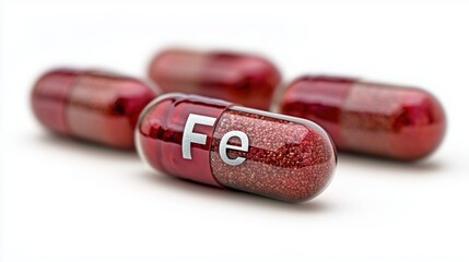 Red metallic iron supplement pills with fe inscription for health and wellness promotion