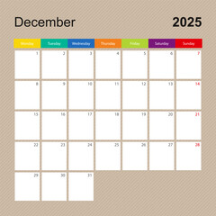 Calendar page for December 2025, wall planner with colorful design. Week starts on Monday.