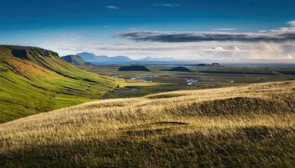 Fototapeta premium Serene Aerial View of Rolling Green Hills, Meandering River, and Vast Open Landscape Underneath Dramatic Cloudy Skies in a Remote Highland Valley