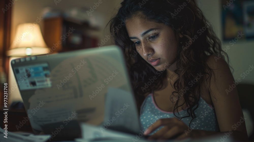 Poster A person sitting at a desk with a laptop computer and possibly working or studying