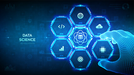 Data Science. Computer science technology concept. Artificial intelligence. Big data. Machine learning. Wireframe hand places an element into a composition visualizing Data Science. Vector. EPS10.