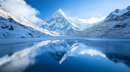 An icy mountain lake in the heart of winter, the surface frozen solid, snow-covered peaks in the background, the silence of the wilderness pervasive, photograph. Himalayan Mountains. Illustration