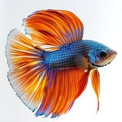 Fototapeta premium Vibrant blue and orange Siamese fighting fish swimming gracefully against a clean white background.