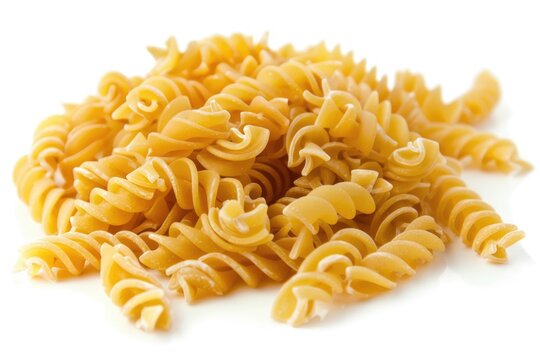 A close-up shot of a pile of uncooked pasta on a white background, ideal for use in recipes or food-related content