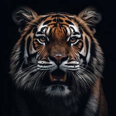 Fototapeta premium Close up portrait of a tiger with its mouth open showing its teeth.