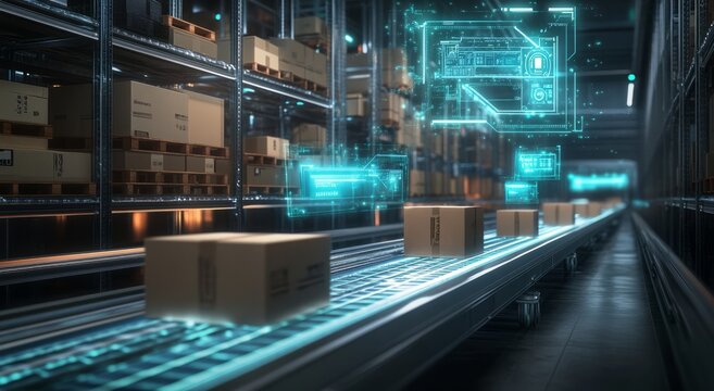 Smart warehouse management system using augmented reality technology to identify package picking and delivery . Future concept of supply chain and logistic business	
