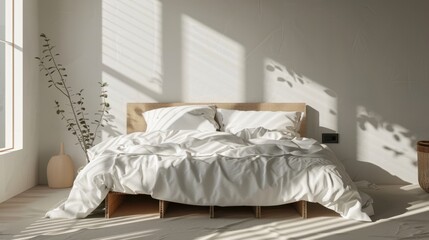 Serene Bedroom Interior with Sunlight Shadows on Crisp White Bedding