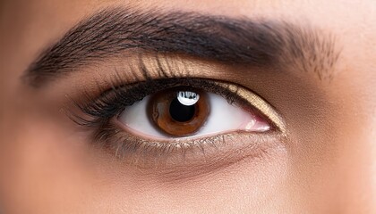 Obraz premium Close-Up of a Beautifully Defined Female Eye with Bold Eyebrows, Long Lashes, and Neutral Eyeshadow, Highlighting Smooth Skin Texture and Flawless Makeup Application
