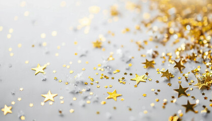 Sparkling Golden Star Confetti on Grey Background