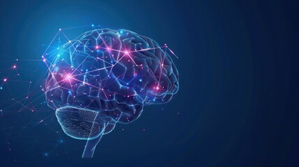 Digital Human Brain with Network Connections on Blue Background