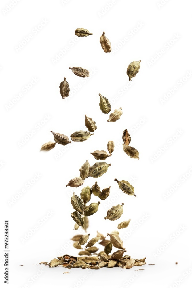 Poster a photo of various types of seeds floating in the air