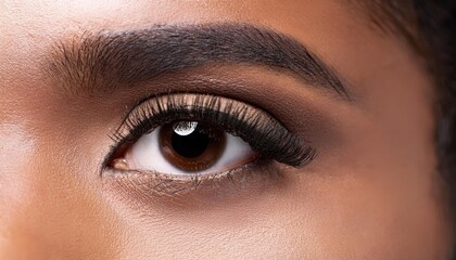 Obraz premium Close-Up of a Beautifully Defined Female Eye with Bold Eyebrows, Long Lashes, and Neutral Eyeshadow, Highlighting Smooth Skin Texture and Flawless Makeup Application
