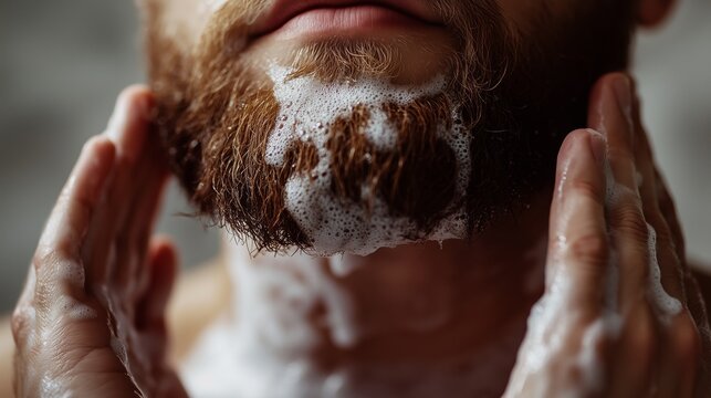 Man actively cleanses his beard with soap in a close-up shot, showcasing a personal grooming routine