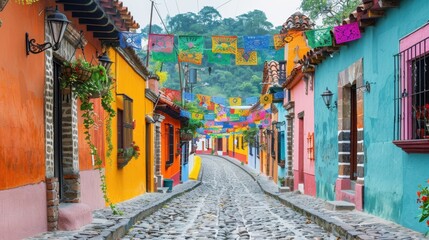 Naklejka premium Vibrant Mexican Street with Colorful Paper Flags and Traditional Architecture