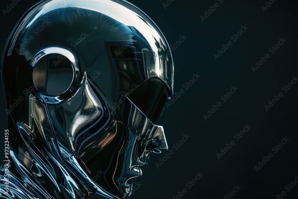 Poster close-up view of a shiny metal head with intricate details