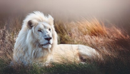 Majestic White Lion Resting in a Serenely Lit Grassland During Twilight, Displaying Its Regal...