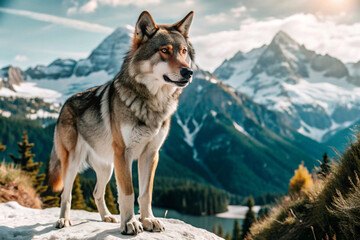 Fototapeta premium A Majestic Wolf Standing on a Rocky Outcrop with Mountainous Background