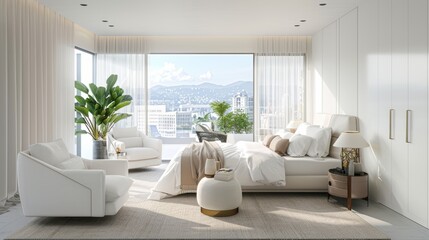 Fototapeta premium Modern Bedroom Interior with Panoramic City View