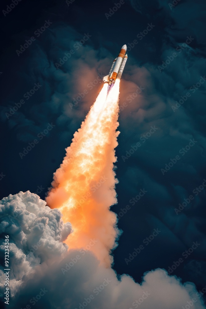 Poster a rocket blasting off into the atmosphere from above a thick, white cloud layer