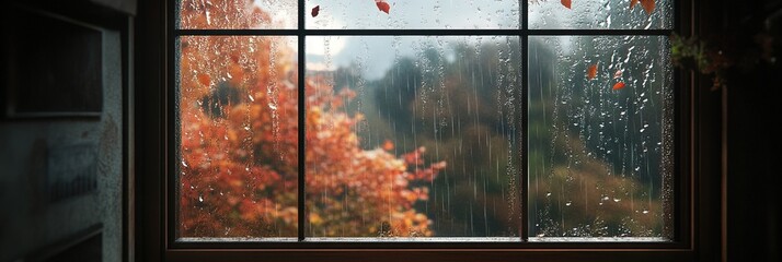 autumn scenery after window, rainy day, rain on window 