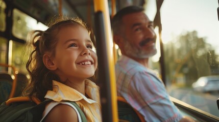Obraz premium A man and young girl sit together on a crowded city bus