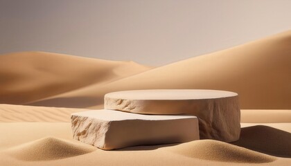 Minimalist Desert Display. Sandstone Pedestal Amidst Serene Dunes and Palm Leaf Shadows in Warm, Natural Tones. Product Presentation Concept