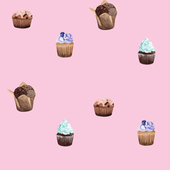 Seamless watercolor pattern with different cupcakes. Watercolor illustration on pink background. For wrapping paper, packaging, printing, fabric