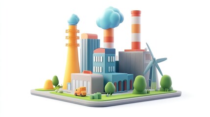 Cute and playful 3D icon of a power plant with small turbines and colorful accents, designed against a white background for a clean, modern look