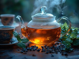 Teapot with fresh tea on a table with tea cups, featuring steam rising from freshly brewed tea.